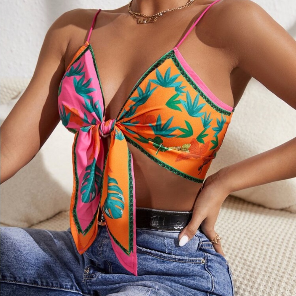 SHEIN Pink and Orange Leaf Print Tie-Front Crop Top